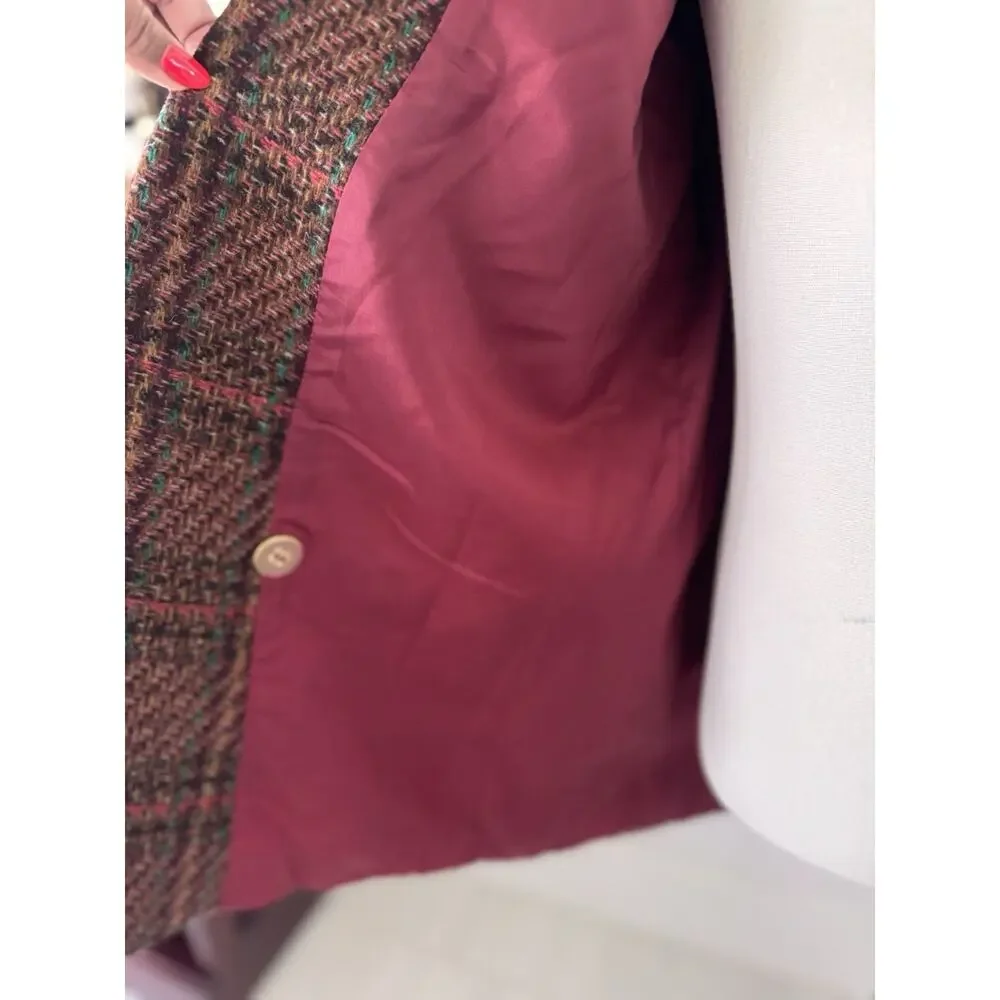 VTG Giorgio Sant’Angelo Plaid Tweed Wool Blazer Jacket Sz 14 Brown/Red Academia